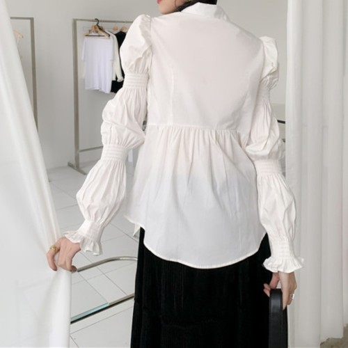 2025 Spring Korean Style White Rose Youthful Subtle Design Bubble Petal Sleeve Unique Long-Sleeve White Shirt Trend