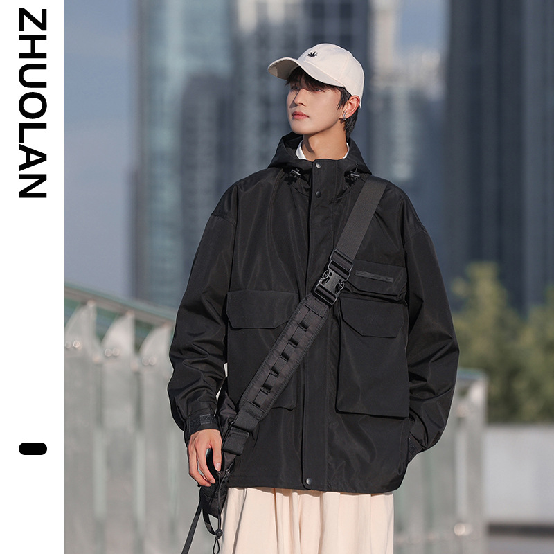2023 Spring and Autumn New plus size black hooded jacket men's outdoor windproof loose sports casual men's plus size