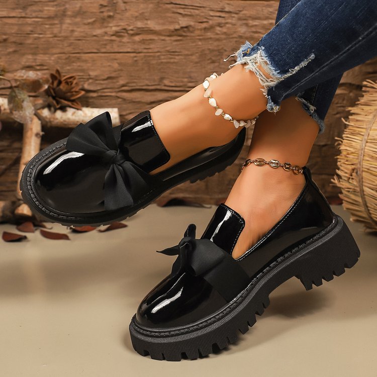 Women's Lus Size Bow Low Top Single Shoes Slip-On Leather Thick Soled Autumn New Style Size 43_vogvips.com