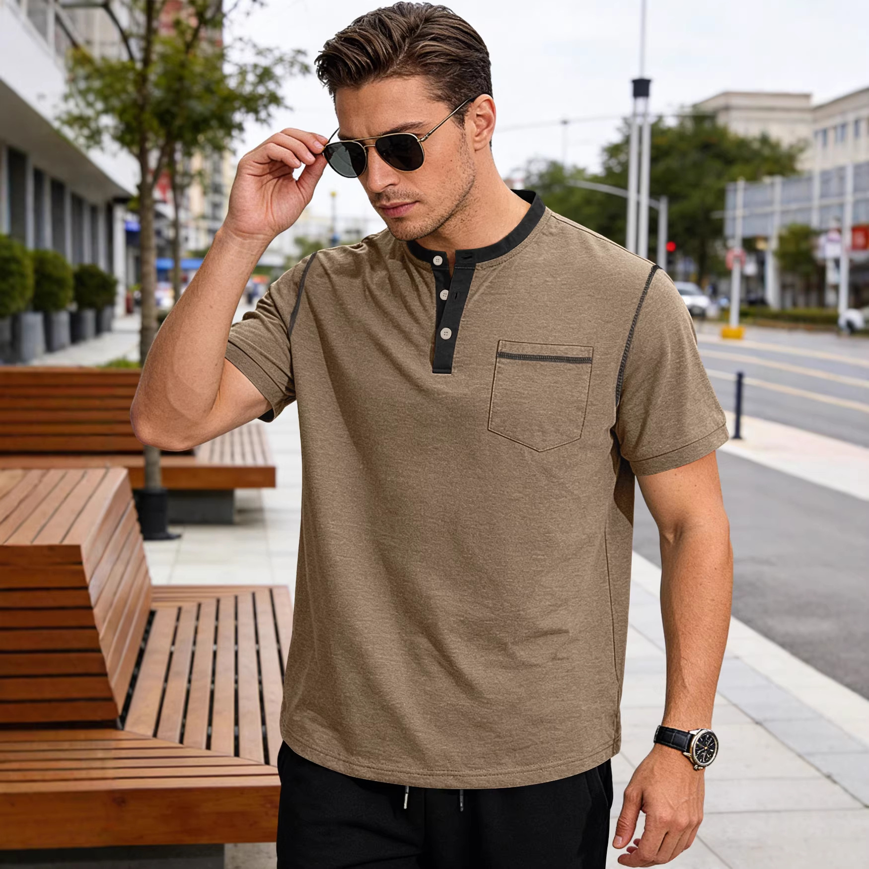 Nuevo transfronterizo Europa y América Amazon verano nuevo hombre botón de cuello de manga corta camiseta polo casual de negocios