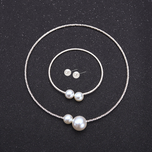 Japanese and Korean jewelry simple clavicle chain necklace earrings bracelet set full diamond size pearl open necklace women's