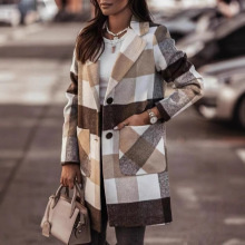 2025跨境亚马逊 独立站秋冬新款呢子长款翻领单排扣格子外套女装