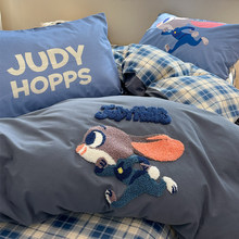 可爱兔子警官磨毛蓝格四件套全棉纯棉被套枕套床单加厚床笠床品