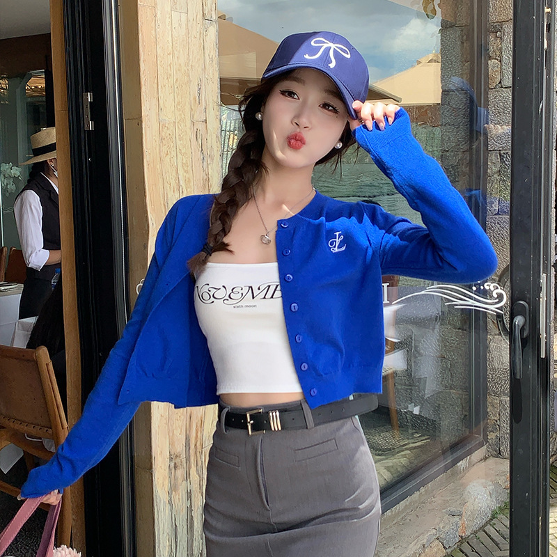 Klein Blue Thin Knitted Cardigan Coat Women's Spring 2025 New Super Popular Slim-fit Short Outer Sweater Top