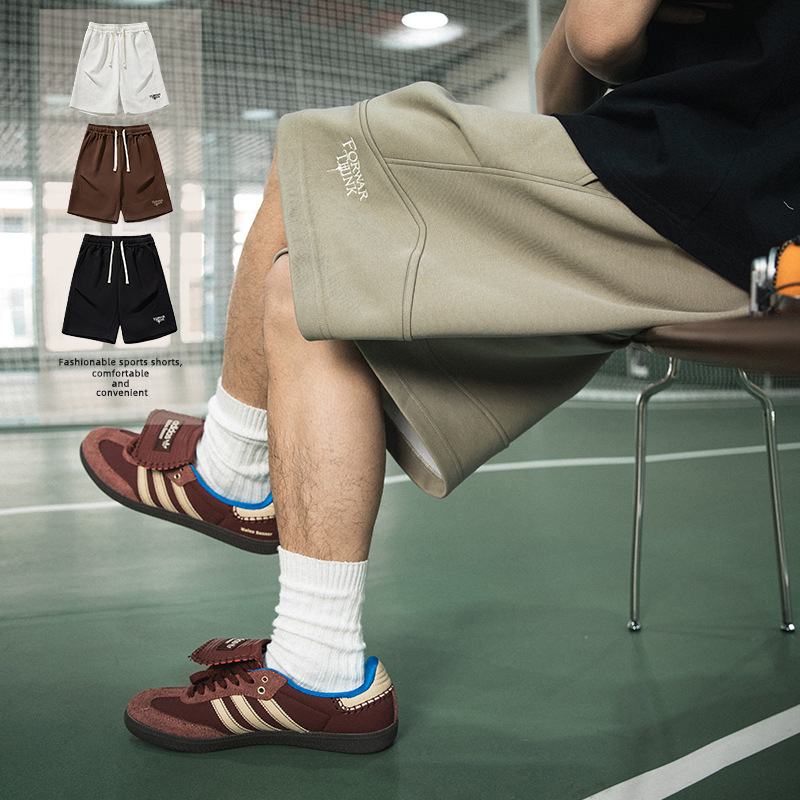 Split Stitching Pleated Design American Casual Shorts Men's Summer New Vintage Letter Embroidered Sports Pants