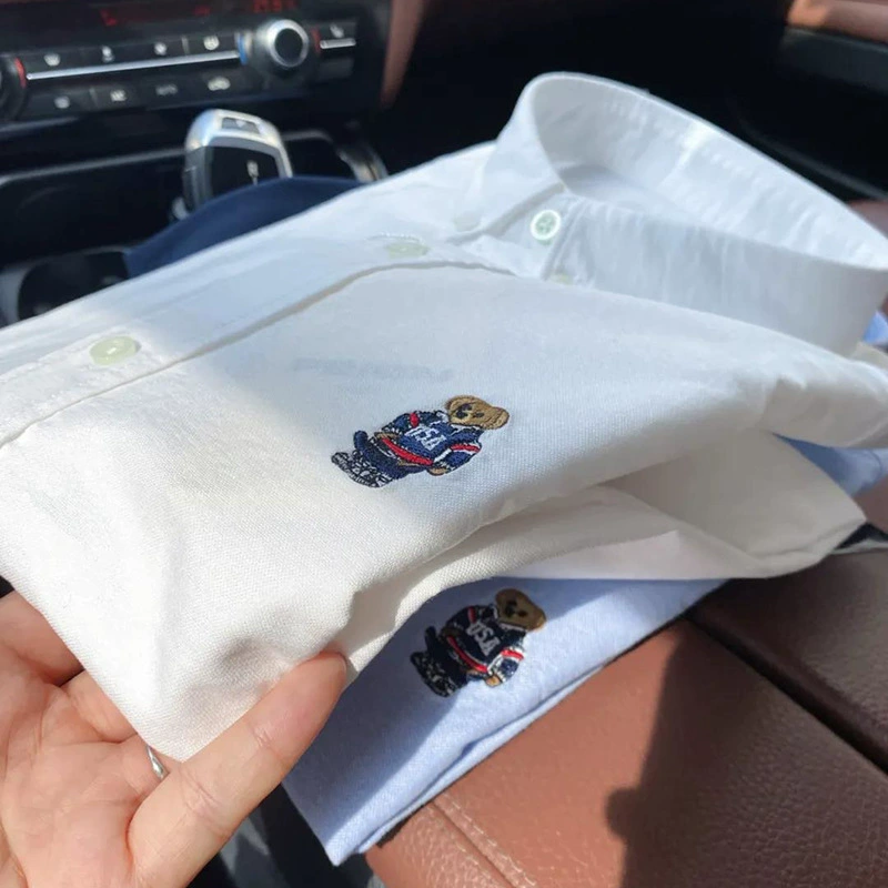 100 Оксфорд + вышивка медведя! Осенне-зимняя мужская Однотонная рубашка с длинным рукавом из 100 хлопка Original Cut Label, модная