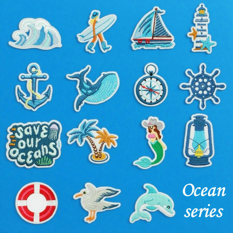 Summer Ocean Element Patch Stickers, Surfing Embroider Cloth Stickers, Computer Embroidered Clothing Bags, Hot Melt Adhesive Cloth Stickers