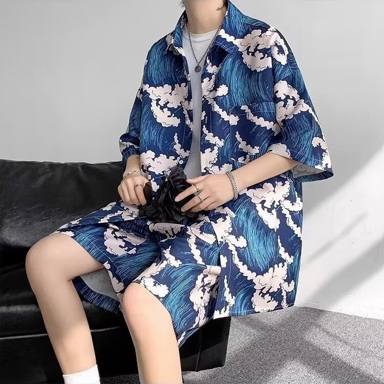 싼야 비치 세트 남자 여름 하이난 섬 비치 셔츠 해변 휴가 남자 꽃 셔츠 아이스 실크 옷