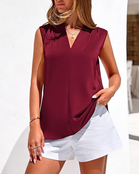 Women's Clothing American Women's Summer Sleeveless Satin Vest Casual V Neck Pleated Shirt Commuter Style 2026_ecoleips.com