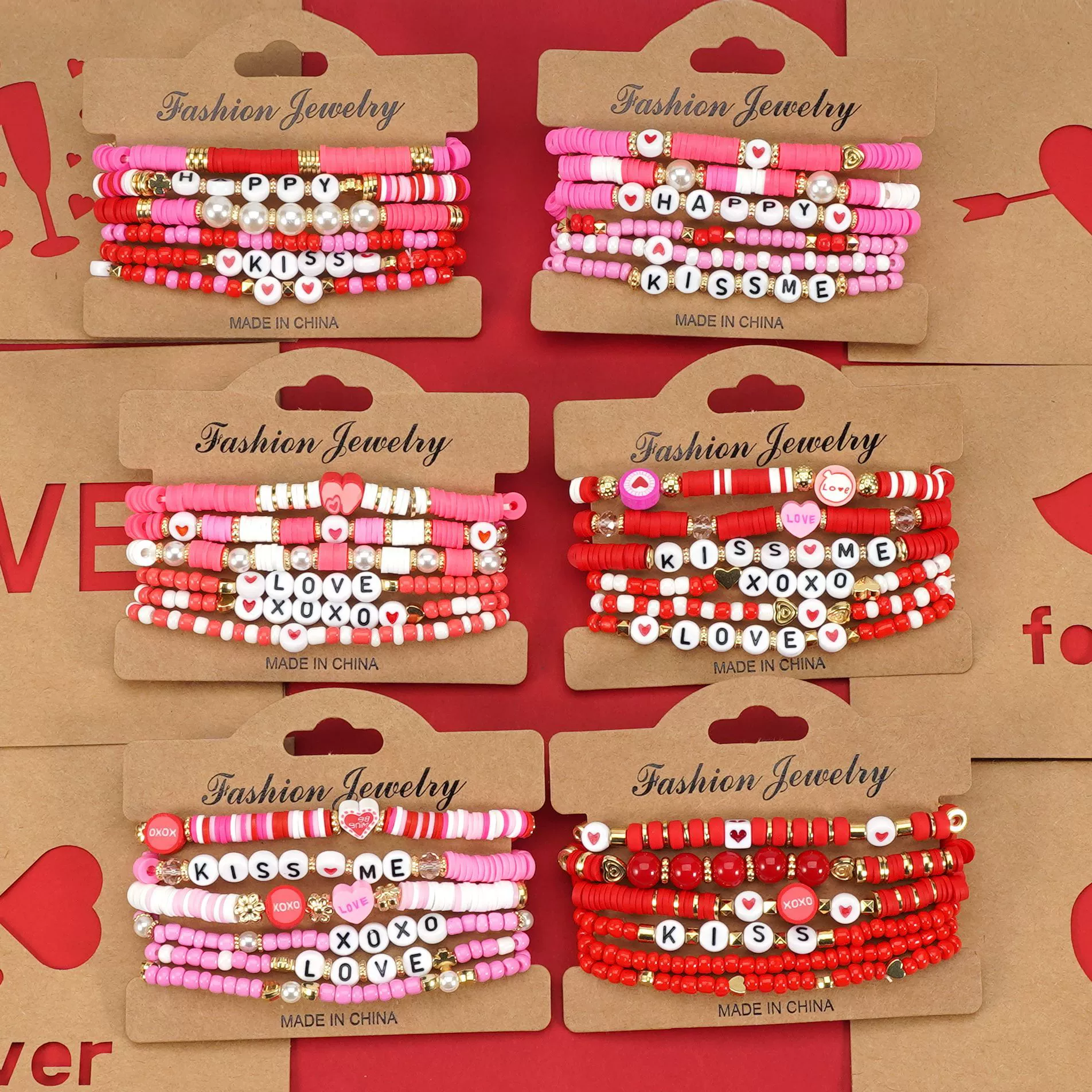 Трансграничный День Святого Валентина Браслет Акрил Бусы Любящий Браслет Набор ювелирных изделий Рисовые бусы смешанные цвета Случайный кристалл