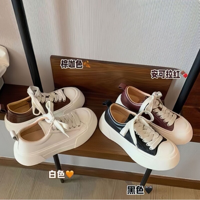 Cowhide Version ~ Grape Ma Same Style Washed Horse Leather Platform Thick-Soled Sports Casual Sneakers for Women with Hidden Height Increase, White Shoes Cowhide Version ~ Grape Ma Same Style Washed Horse Leather Platform Thick-Soled Sports Casual Sneakers for Women with Hidden Height Increase, White Shoes