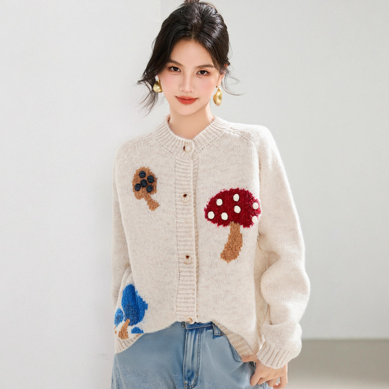 G6640 Embroidered Fashion Sweater Cardigan Women's Autumn and Winter New Gray Round Neck Casual Sweater Women's Cartoon Mushroom