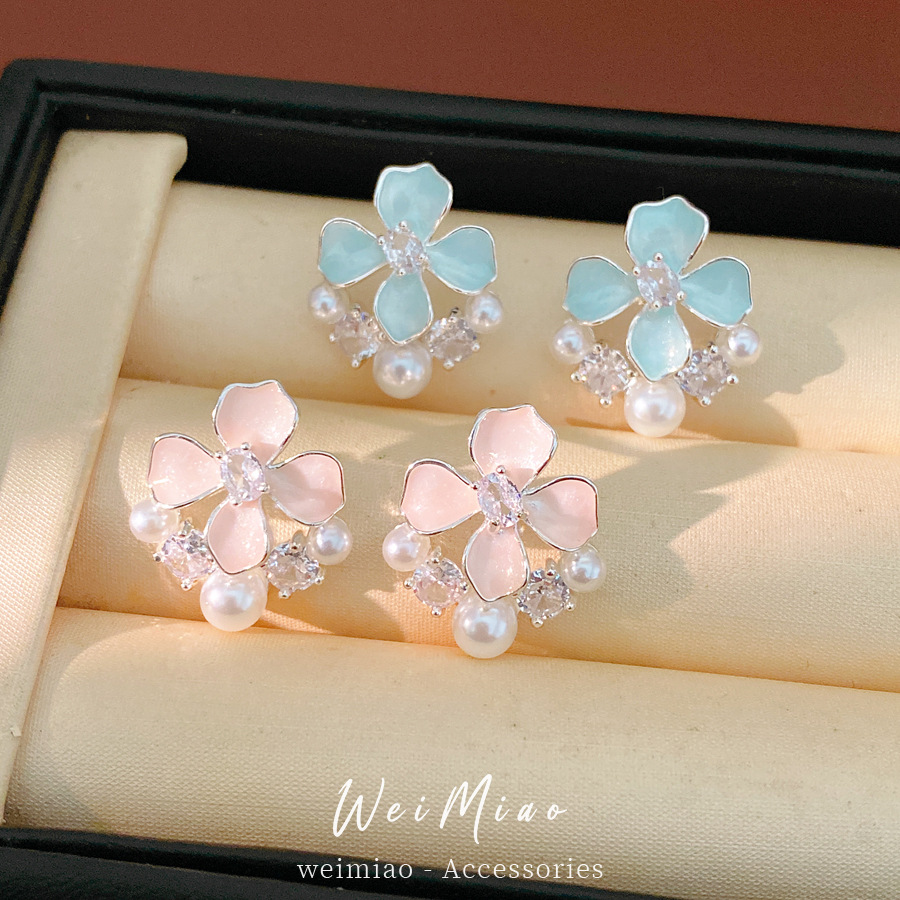 Agujas de plata goteando aceite flor de zircon perlas perlas aretes de aire dulce temperamento fresco ligero lujo alta sensación auriculares al por mayor image 1