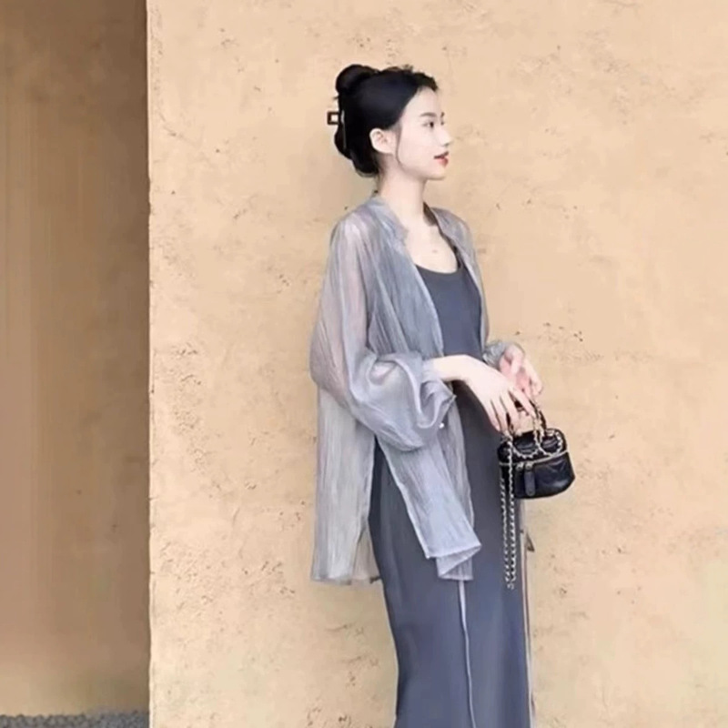 Beach Tencel Sun Protection Shirt for Women, Long-Sleeve Shawl, Summer Loose Air-Conditioning Cover-Up, Cardigan, Ice Silk Top, Thin Jacket