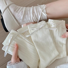中筒袜子女蝴蝶结白色泡泡口花边袜夏季薄款绑带袜玛丽珍堆堆袜女