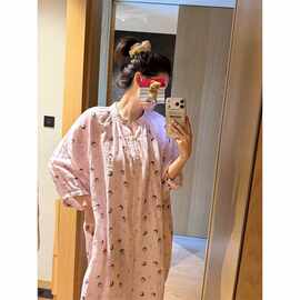 可爱樱桃小丸子纯棉睡衣女2026夏季宽松大码七分袖家居服连衣长裙