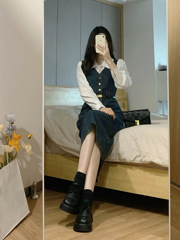 送腰带两件套装春秋新款设计感轻奢衬衫女搭配显瘦背带牛仔A字裙|undefined