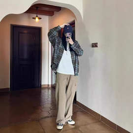 美式复古格子长袖衬衫女春秋宽松设计感法式别致百搭开衫衬衣外套