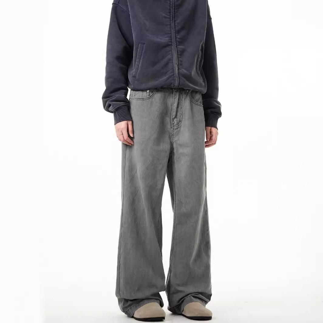 Men's Clothing Men's Retro Grey Denim Jeans Versatile Straight Leg Distressed Wash Casual Style For Spring Autumn Wide Leg Trousers_mkmklike.com