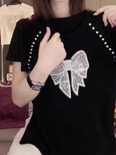 胖MM大码女装蝴蝶结超火显瘦上衣2025新款夏季时尚钉珠短袖T恤潮