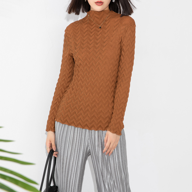 Base Shirt Women's Autumn 2023 New All-match Slim-fit Half-turtleneck Long Sleeve Inner Base Handmade Pleated Stretch Top