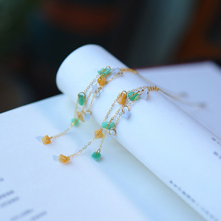 Burmese Material Natural A Goods Tri-color Jade Earrings Sweet Design Sense Long Ear Hook Body 925 Sterling Silver Gold-plated Accessories