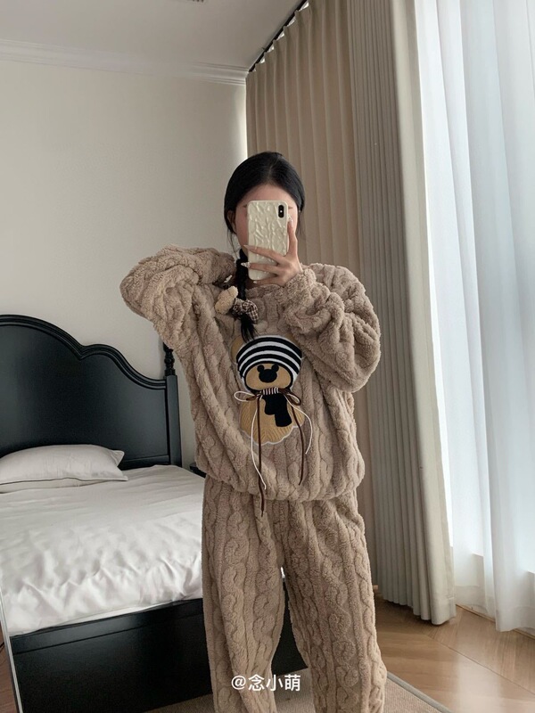 秋冬季珊瑚绒睡衣套装女加绒加厚家居服时尚可外穿法兰绒开衫睡袍|undefined