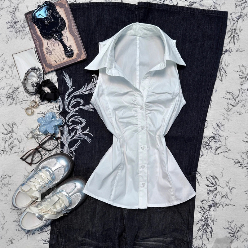 European and American Cross-Border Simple Retro Aesthetic Shirt Women's Summer College Style Versatile White Slim Sleeveless Top