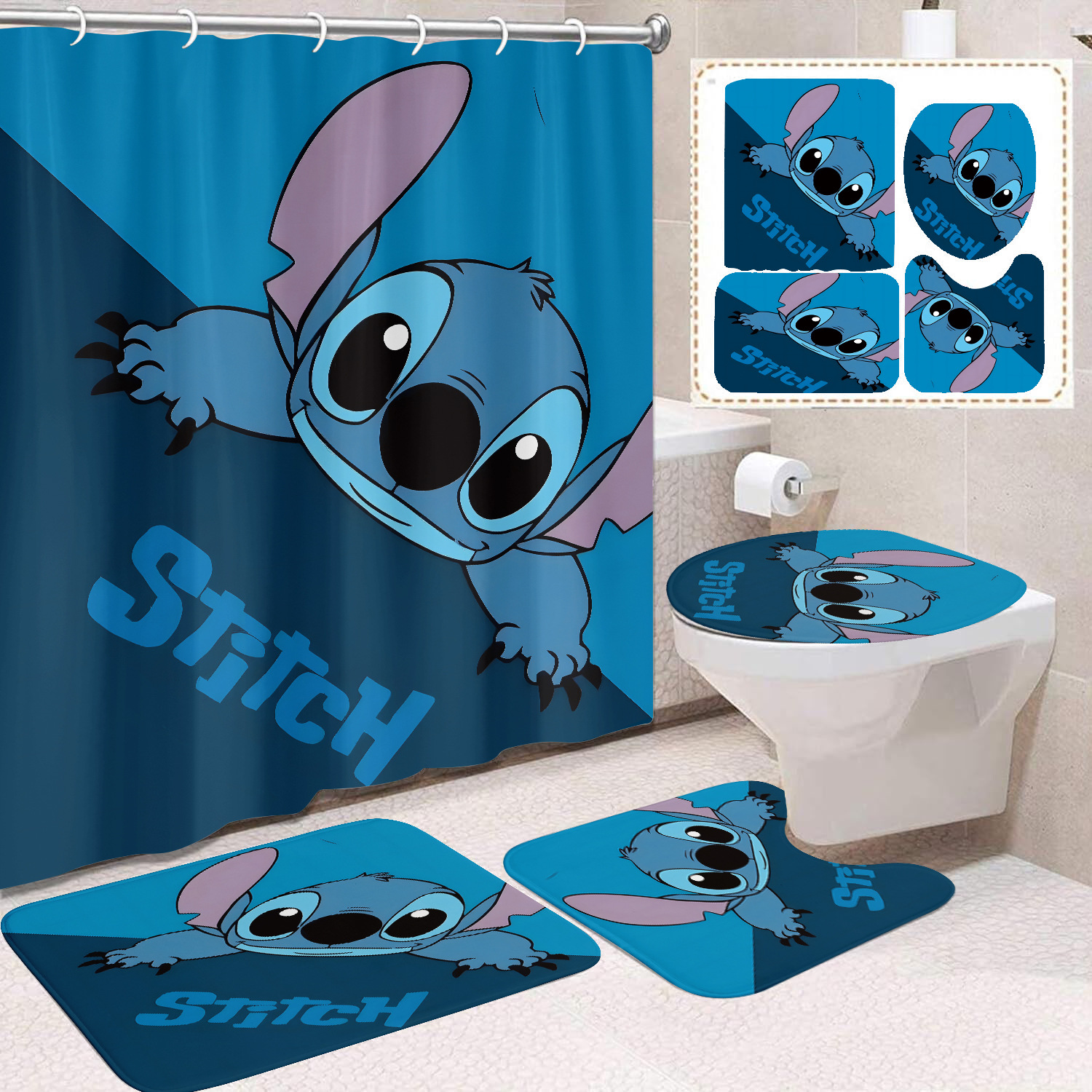 Venta directa de fábrica lindo baño de dibujos animados de cuatro piezas cortina de ducha impermeable cortina de ducha sin perforación cortina de partición de baño de baño