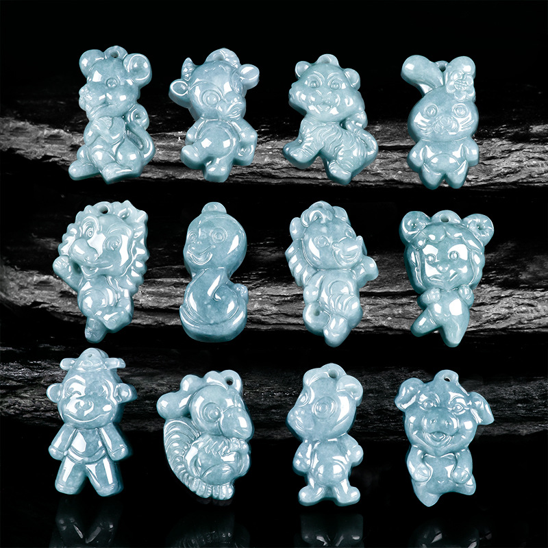 天然a貨翡翠卡通十二生肖藍水吊墜可愛糯種玉石12生肖掛件批發