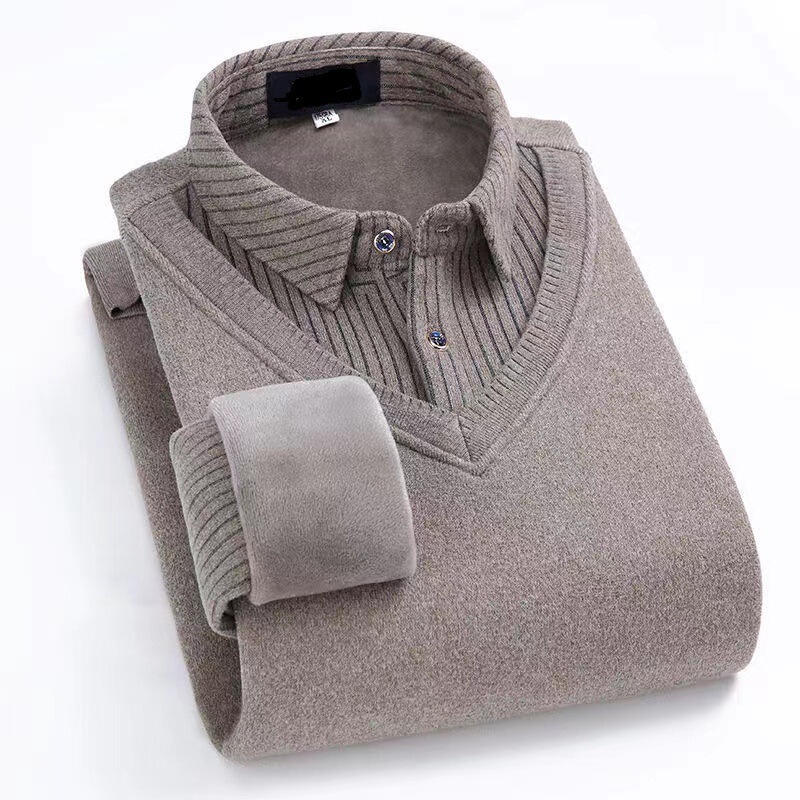 Foreign Trade Men's Fake Two-Piece Knitwear Autumn and Winter Warm Men's Knitwear Stripesd Shirt Collar Pullover Knitwear Bottoming Shirt
