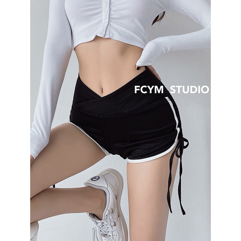 European and American high waist tight sheath sports shorts women's summer hot girl sexy drawstring fitness casual yoga hot pants