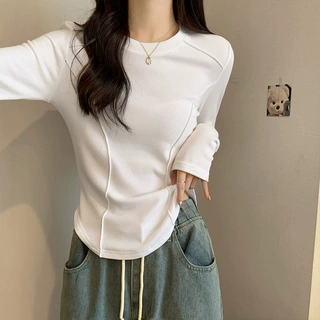 白色长袖打底衫女秋冬内搭短款鱼骨上衣设计感修身加绒磨毛T恤