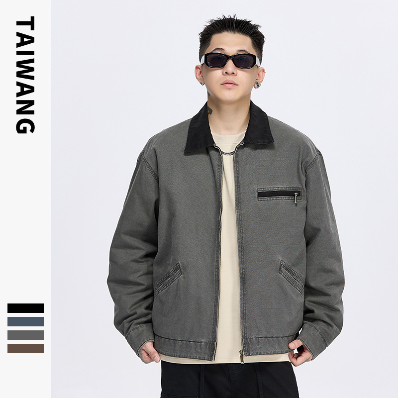 Thai King Men's American Retro Detroit Jacket Zipper Workwear Spring and Autumn Men's Canvas Laps Washed Jacket Men