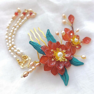 复古发梳古风旗袍发饰珍珠琉璃花朵插梳流苏宫廷发簪汉服头饰|ms