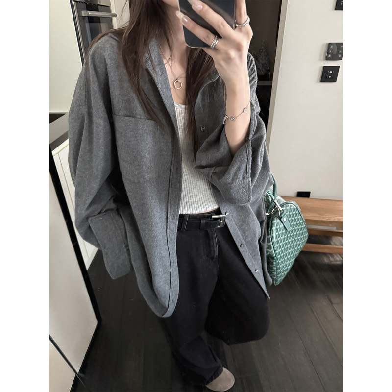 Superniniyy Thickeneded Soft Brushed Shirt Oversized Loose Slim Long-Sleeved Shirt Jacket # Three Thousand Eight Hundred One Y