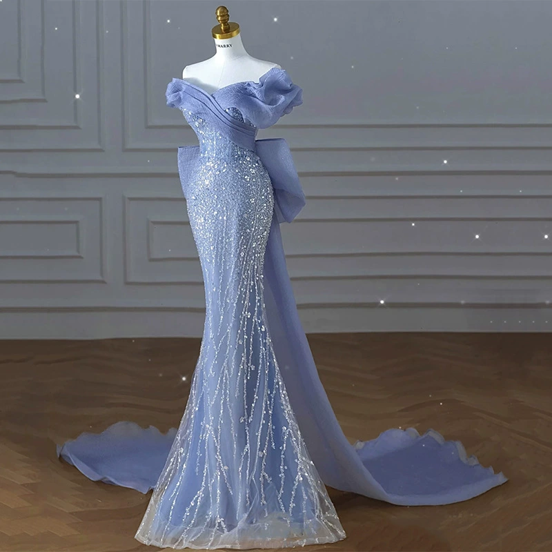 Вечернее платье, крой русалка (fish-tail), без плеч, синий, размеры XS–5XL