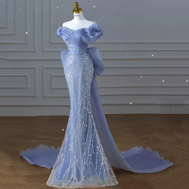 Вечернее платье, крой русалка (fish-tail), без плеч, синий, размеры XS–5XL