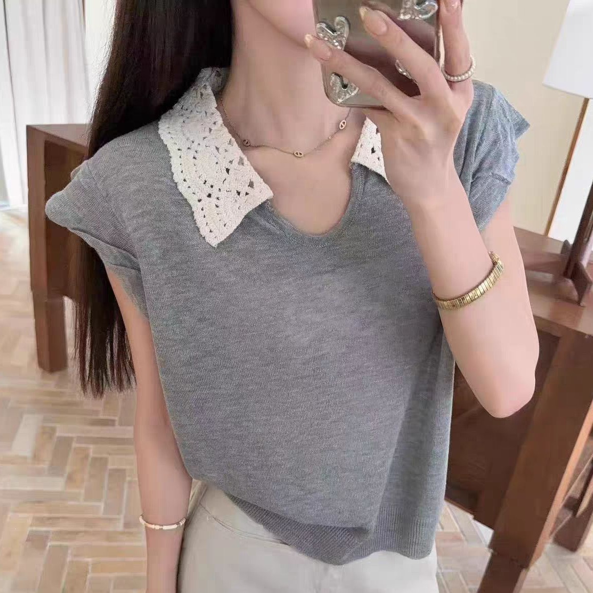 CD716 Summer New Korean Style Hollow Out Peter Pan Collar Short Sleeve Loose Casual Slim Fit Versatile Thin Knit Sweater