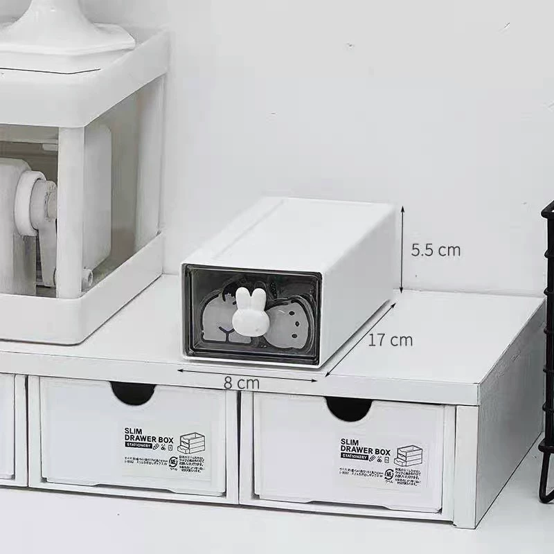 Transparent Drawer Storage Box Organizer, Stackable Desktop Rack with Rabbit Handles, Compact
