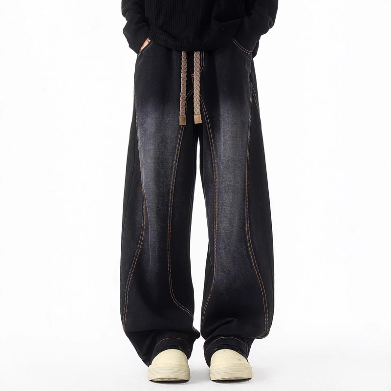 Jsen Trendy American-Style Men's Jeans for Autumn and Winter, Fleece-Lined, Thickened, High Street, Plus-Size, Wide-Leg Pants