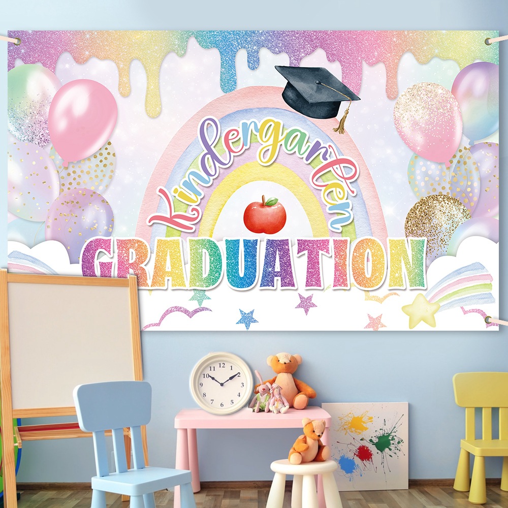 Nueva temporada de graduación decoración de fondo tela color arco iris jardín de infantes fiesta de graduación decoración de fondo banner