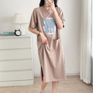 Summer new long over-the-knee T-shirt dress postpartum outerwear nursing clothes side open nursing mouth loose plus size maternity clothes