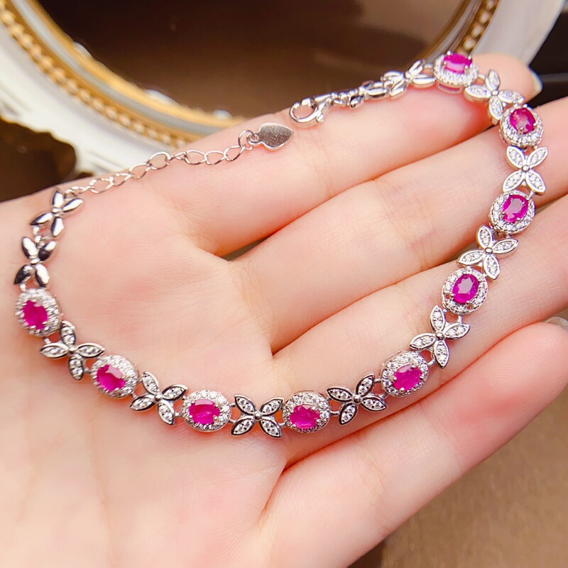 Live Supply of Colored Gemstone Jewelry S925 Silver Inlaid with Natural Old Burnt Ruby ​​Bracelet, Novel and Simple Accessories