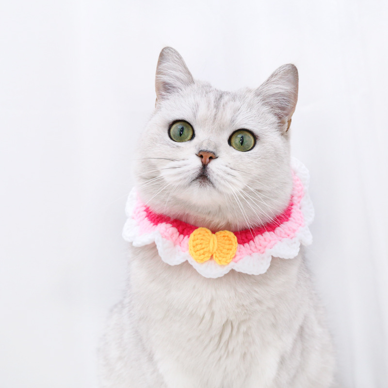 Mascotas ganchillo de mano lana arco gato perro bib ajustable collar pato cumpleaños toallas saliva orden