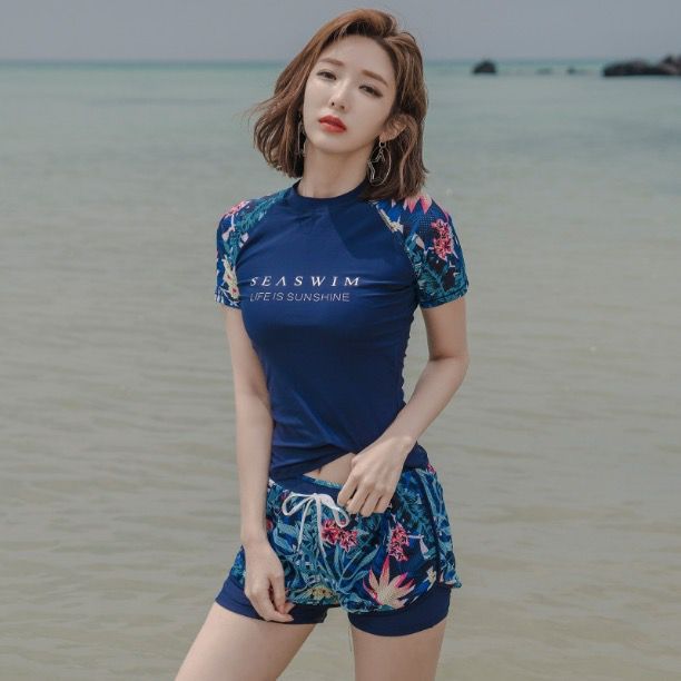 短袖泳衣女分體保守平角遮肚顯瘦小胸時尚外貿泡溫泉批發度假泳裝
