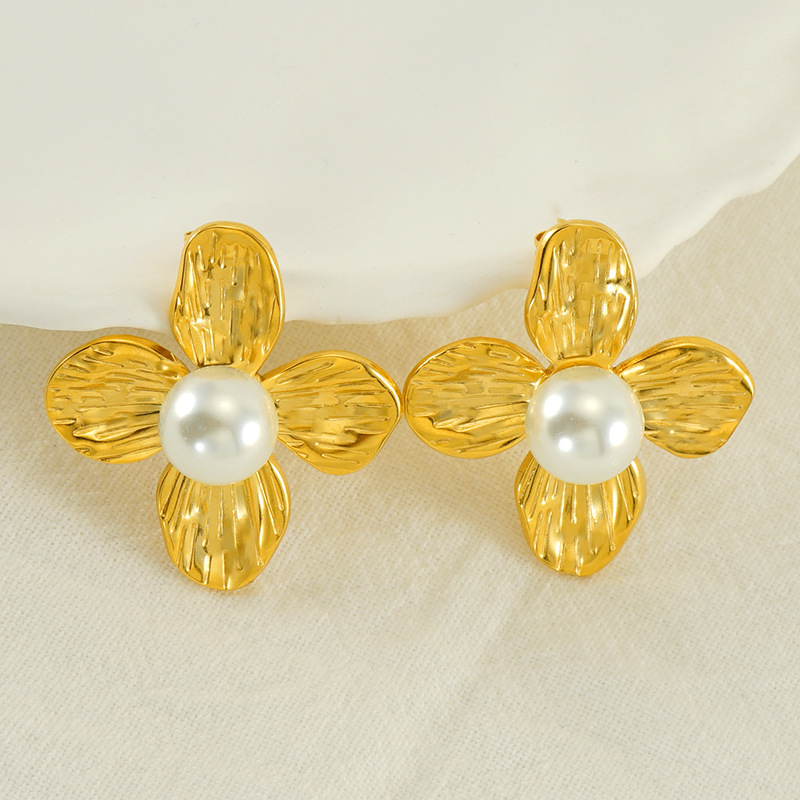 Exaggerated Gold Pearl Drop Earrings Stainless Steel Jewelry_voghion.com