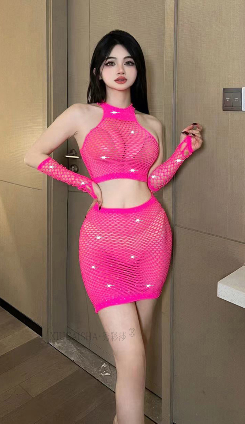 Fishnet Cut-Out Lingerie Set with Rhinestone Detail and Stockings — detail image 30