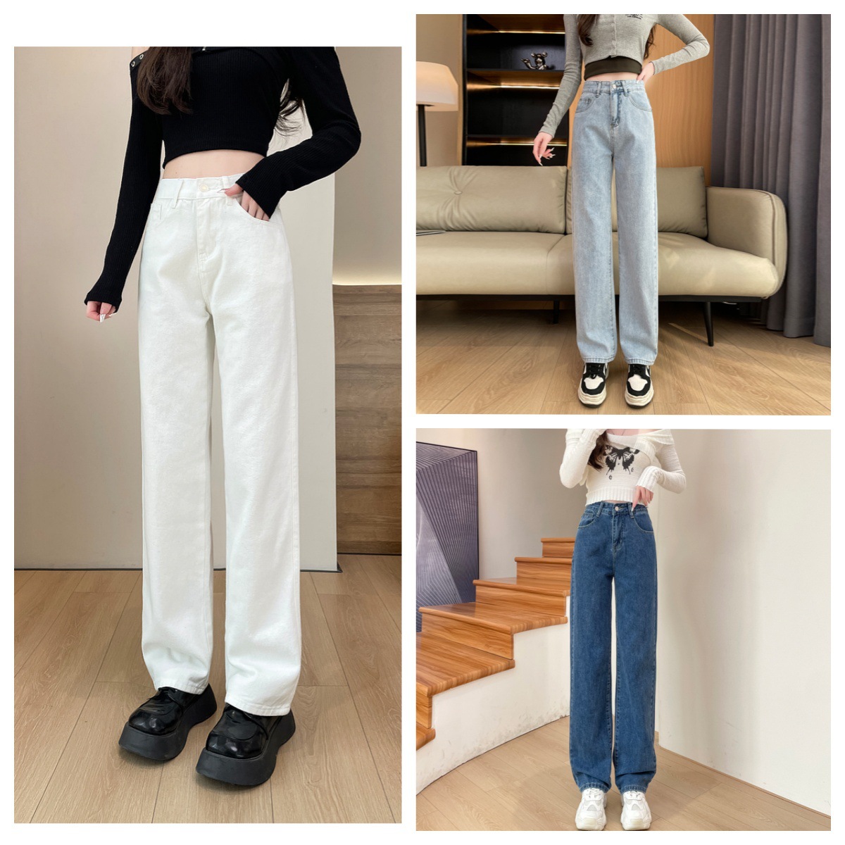 Quần jeans ống rộng dáng suông nữ kiểu retro tôn dáng — màu xanh nhạt chi tiết 1
