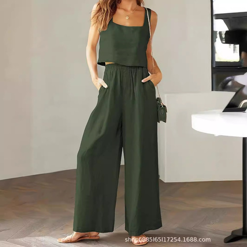 2025 Cross-border new style European and American foreign trade women's clothing 2-piece set square neck sleeveless tank top wide-leg pants casual suit 